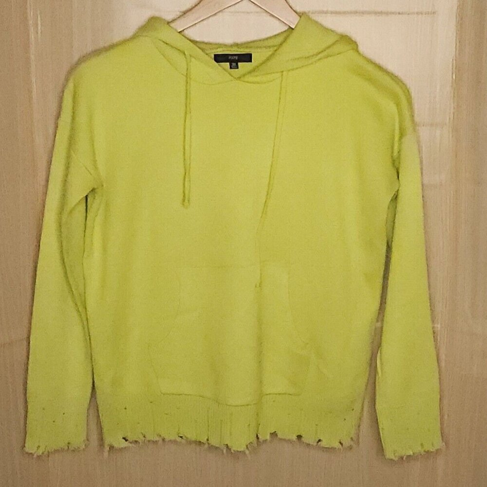 Fate Neon Green Yellow Distressed Hem Wool Blend Hooded Sweater XS